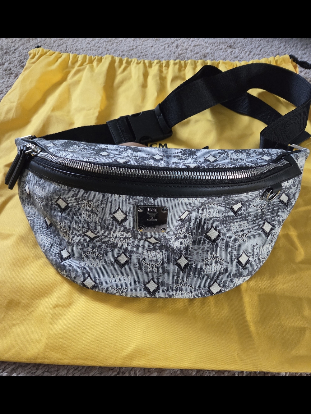 MCM Logo Jacquard Belt Bag in Gray and Black